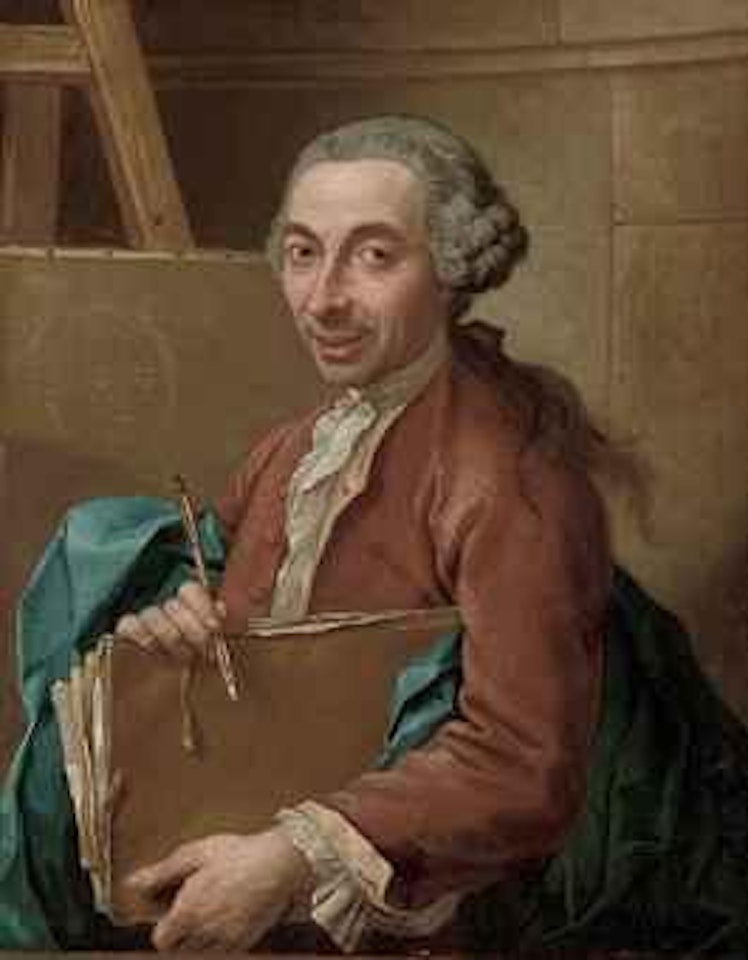 Portrait of the artist, half-length at an easel, in a rust jacket with a blue wrap, a folio in his left hand, and a charcoal holder in his right by Italian School
