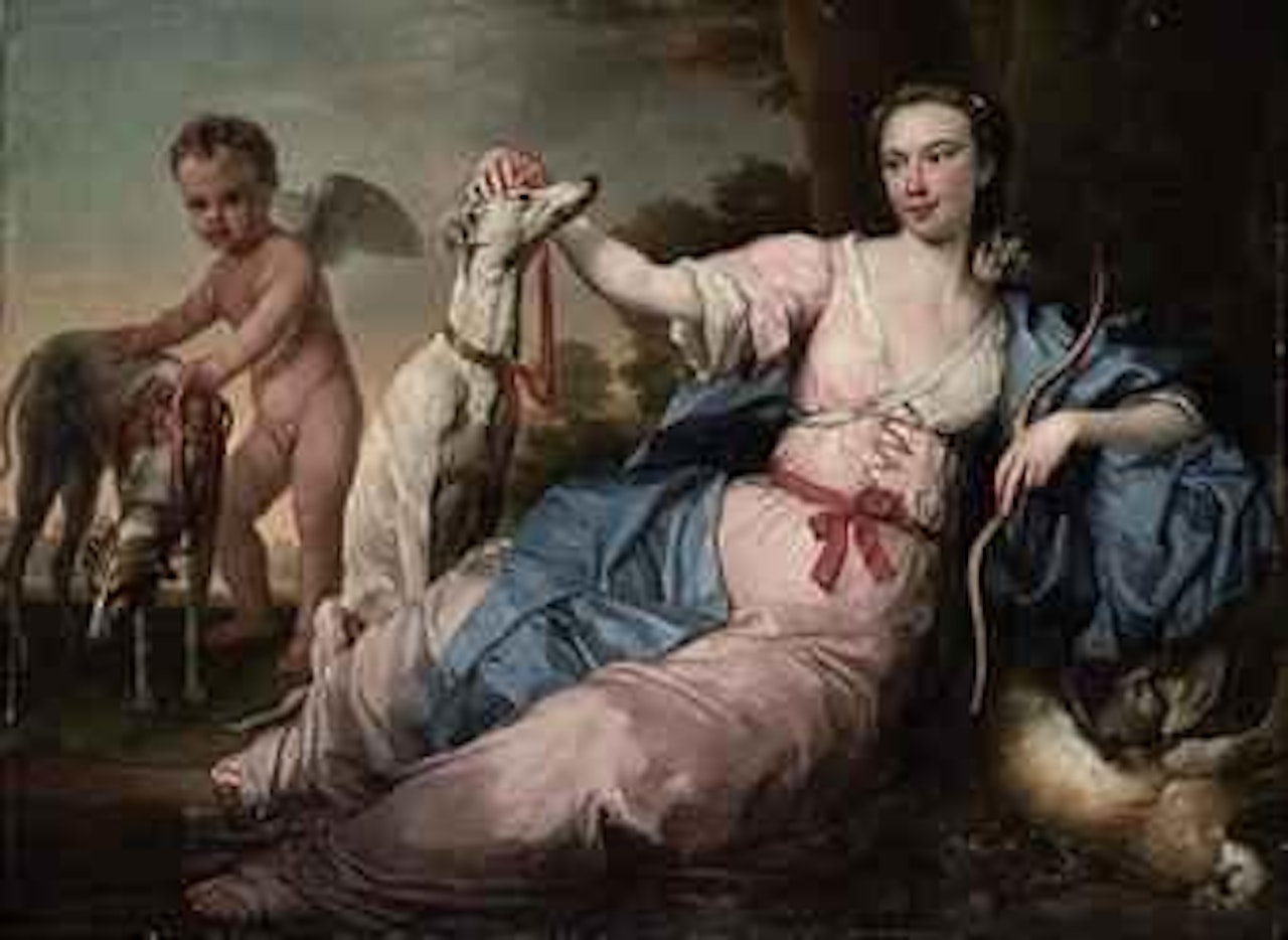 Portrait of a lady, as Diana, with Cupid, both full-length, and a couple of hounds, in a landscape by English School
