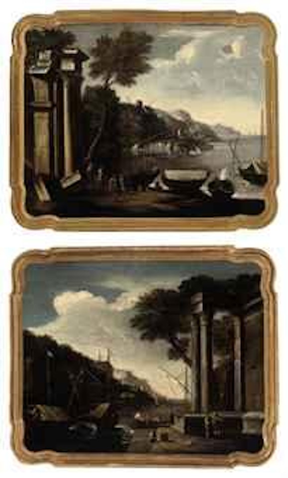 A capriccio of classical ruins near the coast with figures conversing in the foreground; and A capriccio of classical ruins near the coast with figures on a boat and a man fishing by Viviano Codazzi