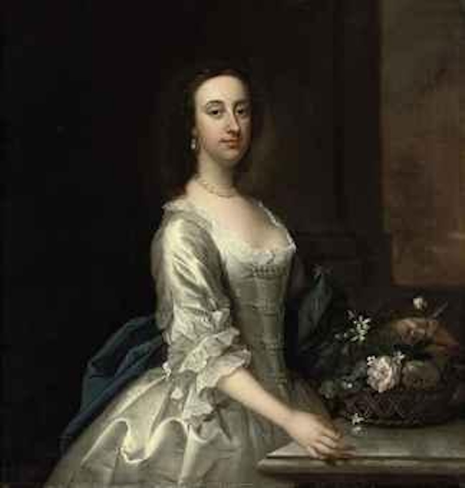 Portrait of a lady, three-quarter-length, in a lace-trimmed satin oyster dress with pearl ornaments and blue wrap, beside a ledge with a basket of flowers by Thomas Hudson