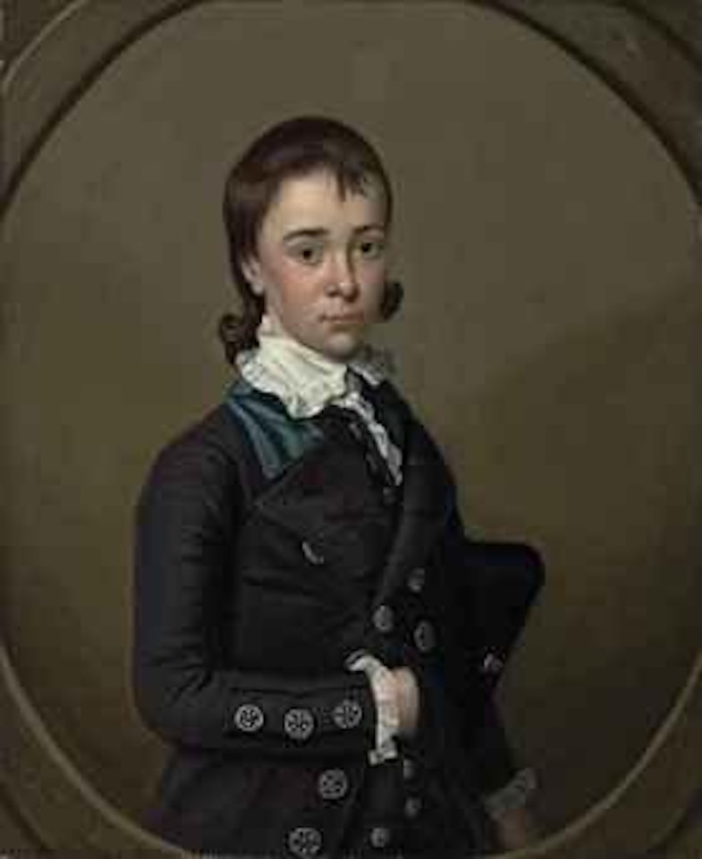 Portrait of a young boy, half-length, in a grey coat and waistcoat with blue trim, a tricorn under his arm, in a sculpted oval by English School