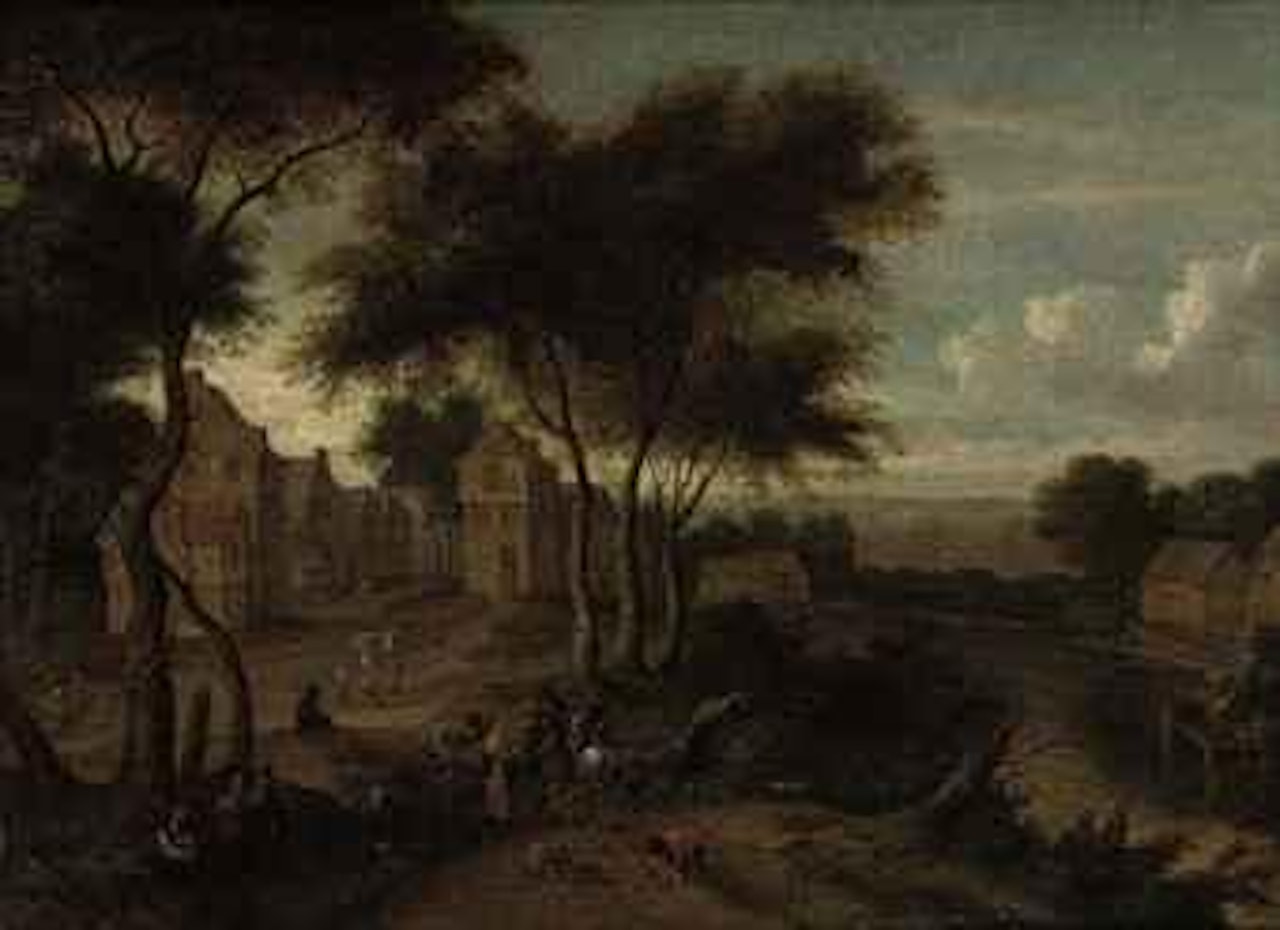 A river landscape with a village and travellers on a path by Pieter Bout