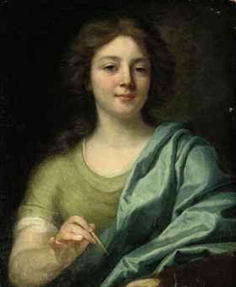 Portrait of an artist, half-length, a brush in her right hand, a palette in her left hand by Angelica Kauffmann