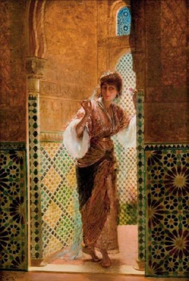 Beauté orientale devant une fenêtre by Edouard Frederic W. Richter