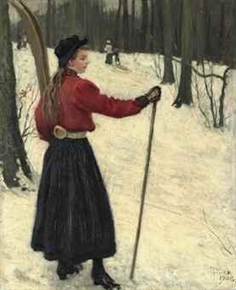 Skiers in a snowy wood by Paul Fischer
