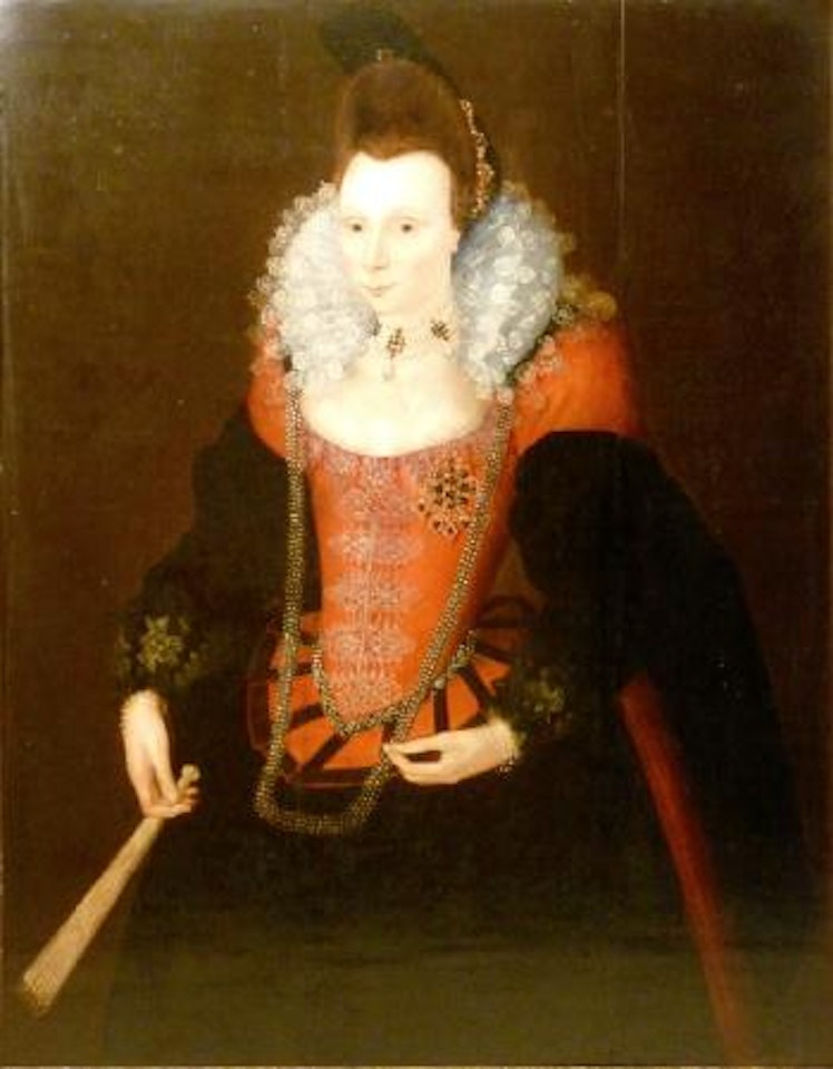Portrait of a noblewoman, believed to be Elizabeth Throckmorton, maid of houour to Queen Elizabeth I, three-quarter length, in a black dress and red bodice with white lace collar by English School