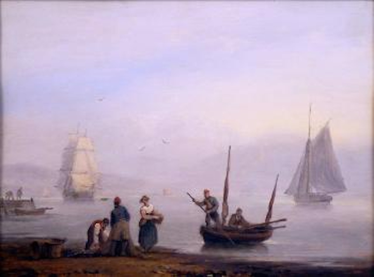 An estuary with figures on the shore in the foreground and sailing vessels beyond by Thomas Luny