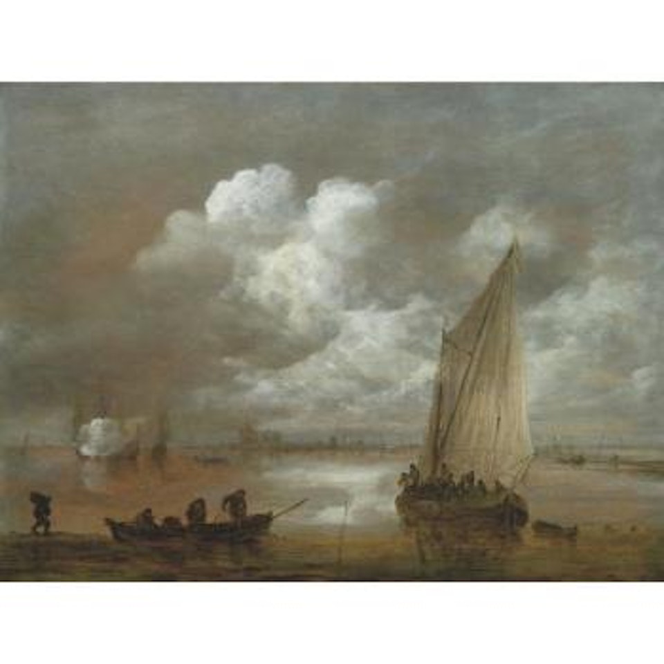 River Landscape With Figures In A Sailing Boat, Other Figures In A Rowing Boat, A Three Master Firing A Salute In The Background by Jan van Goyen