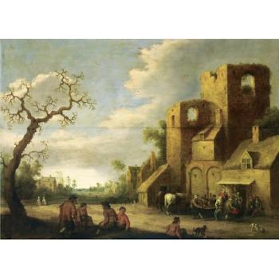 A Village Scene With Peasants Drinking Outside An Inn, Other Figures Resting Beneath A Tree by Joost Cornelisz Droochsloot