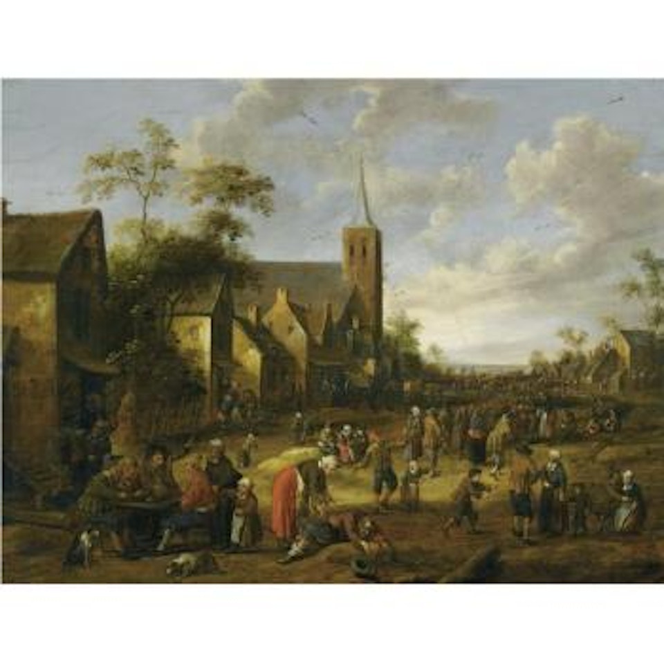 A Busy Village Street With Numerous Figures, Peasants Eating And Drinking At A Table In The Foreground, A Church Tower Beyond by Joost Cornelisz Droochsloot