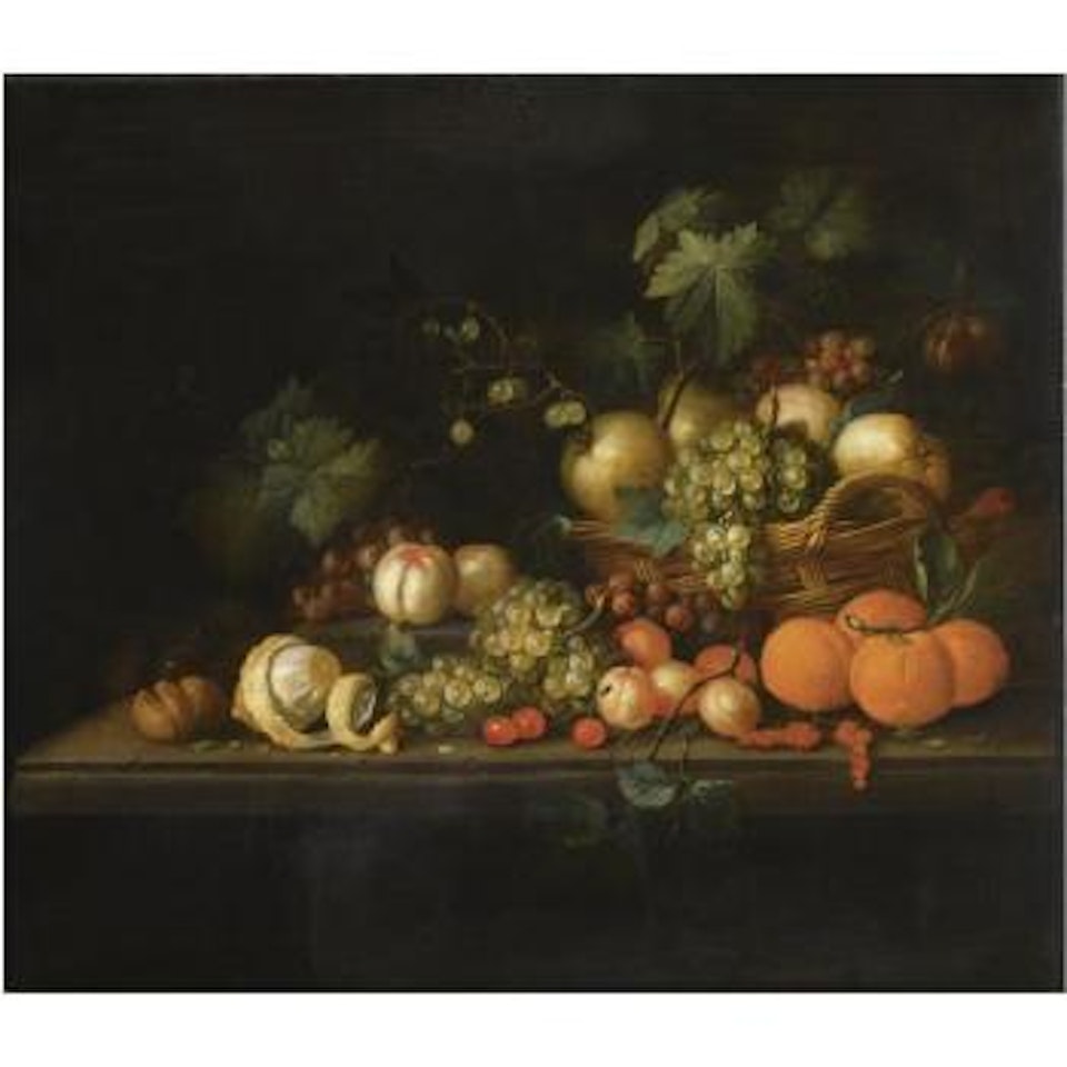 Still Life Of Pears, Blue And White Grapes And Gooseberries In A Basket, Together With Oranges, Apricots, Cherries, Peaches, A Half-peeled Lemon And Walnuts, All On A Stone Table by Pseudo Simons