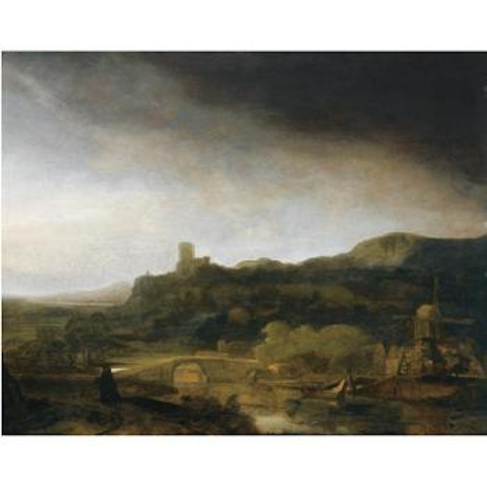 An Extensive River Landscape With A Windmill And A Traveller On Horseback On A Path, Ruins Beyond by Attributed to Rembrandt Harmensz van Rijn