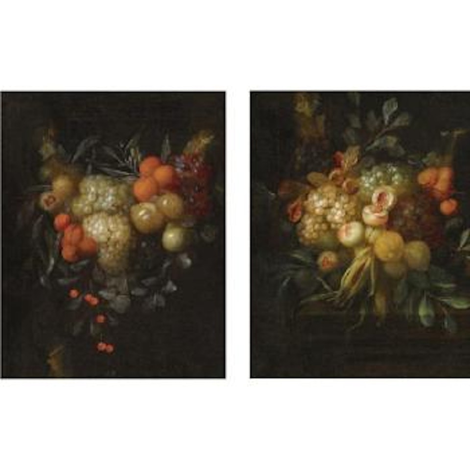 A Swag Of Blue And White Grapes, Oranges, Chestnuts, Cherries And Apricots; A Swag Of Blue And White Grapes, Chestnuts, Lemons, Peaches And Corn On A Ledge by Jan Pauwel Gillemans