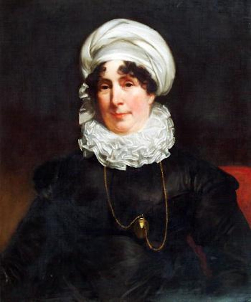Portrait of Lady Inglis, daughter and heir of Mr. George Wilson, second wife of Sir Hugh Inglis of Milton-Bryan, Bedfordshire, seated, half length, wearing a black dress, lace ruff collar and white hat with a gold locket and       chain by Sir Thomas Lawrence