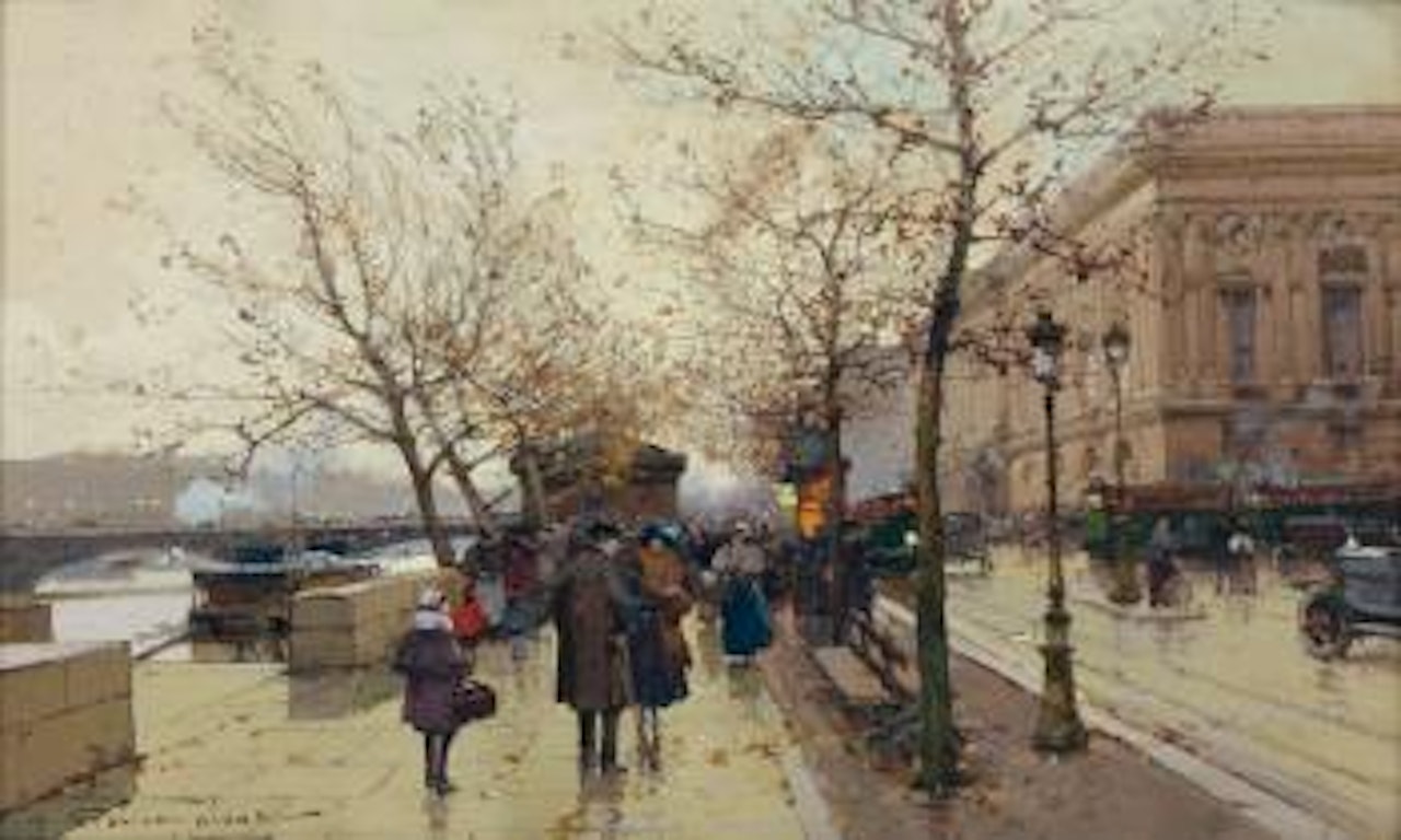 Le Louvre et la passerelle du pont des arts by Eugene Galien-Laloue