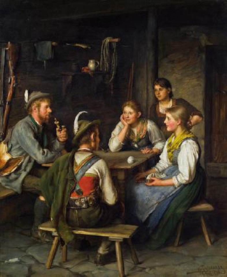 Unterhaltung am Tisch mit Jäger by Franz von Defregger