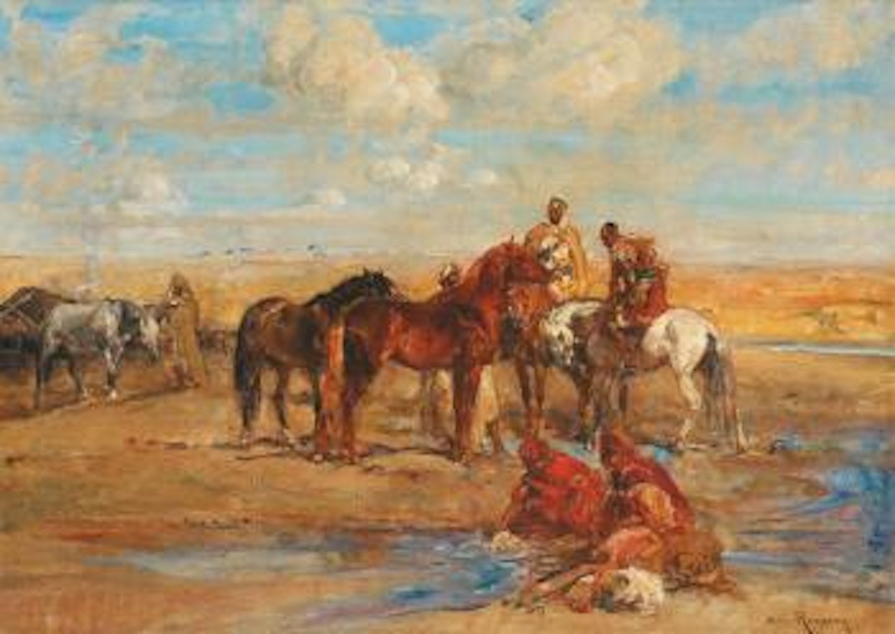 Laveuses arabes et chevaux à l'oued by Henri Émilien Rousseau
