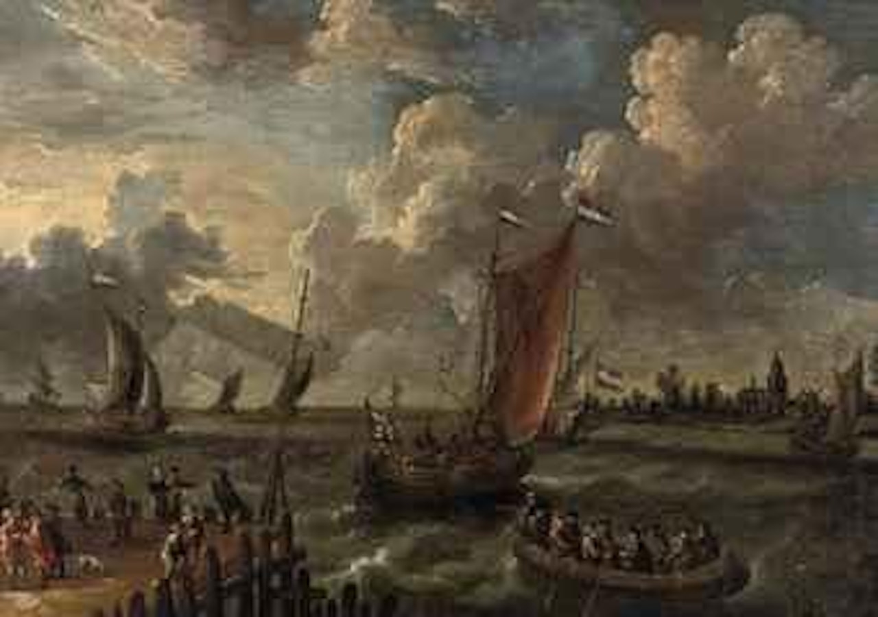 Shipping in an estuary with figures on a jetty and a town beyond by Pieter van de Velde