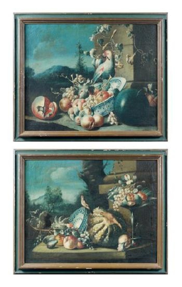 Nature morte à la coupe blanche et bleue remplie de fruits, à la grenade et au perroquet, sur fond  de paysage (1) Nature morte à la porcelaine blanche et bleue, au melon, à l'oiseau et… (2) by Gasparo Lopez