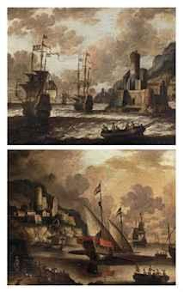 Dutch and English Man O'War off the coast near a fortified town; and Galley's and other ships at anchor in a natural harbor near a fortified town by Pieter van de Velde