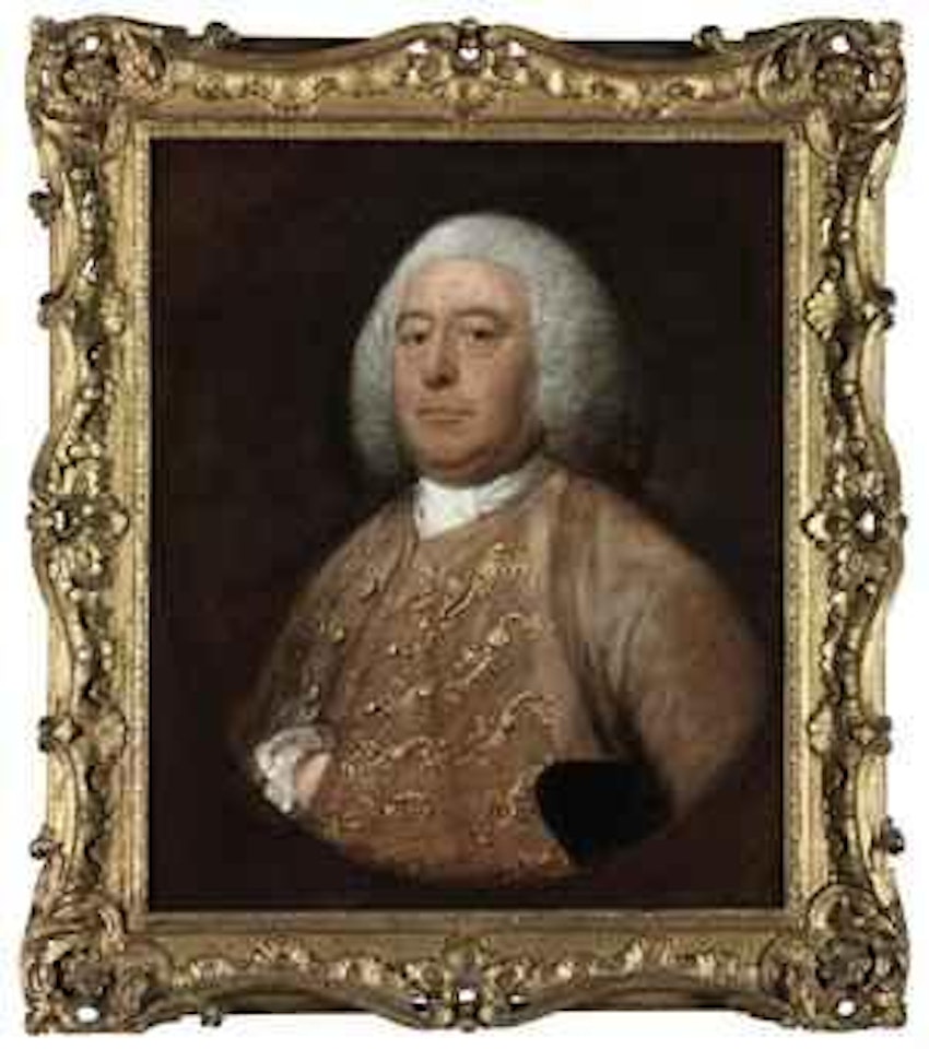 Portrait of Henry Fane, M.P. (1703-1777), of Wormsley, Oxfordshire, half-length, in a gold-embroidered pink velvet coat and waistcoat, a tricorne hat under his arm, in a feigned oval by Thomas Gainsborough