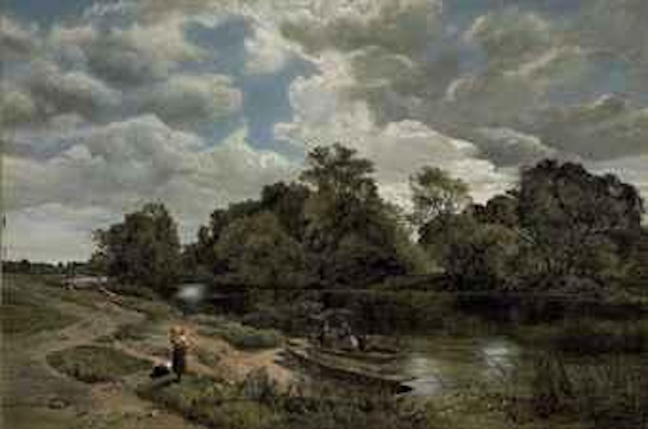 Fisherfolk and punts on a river by Sidney Richard Percy