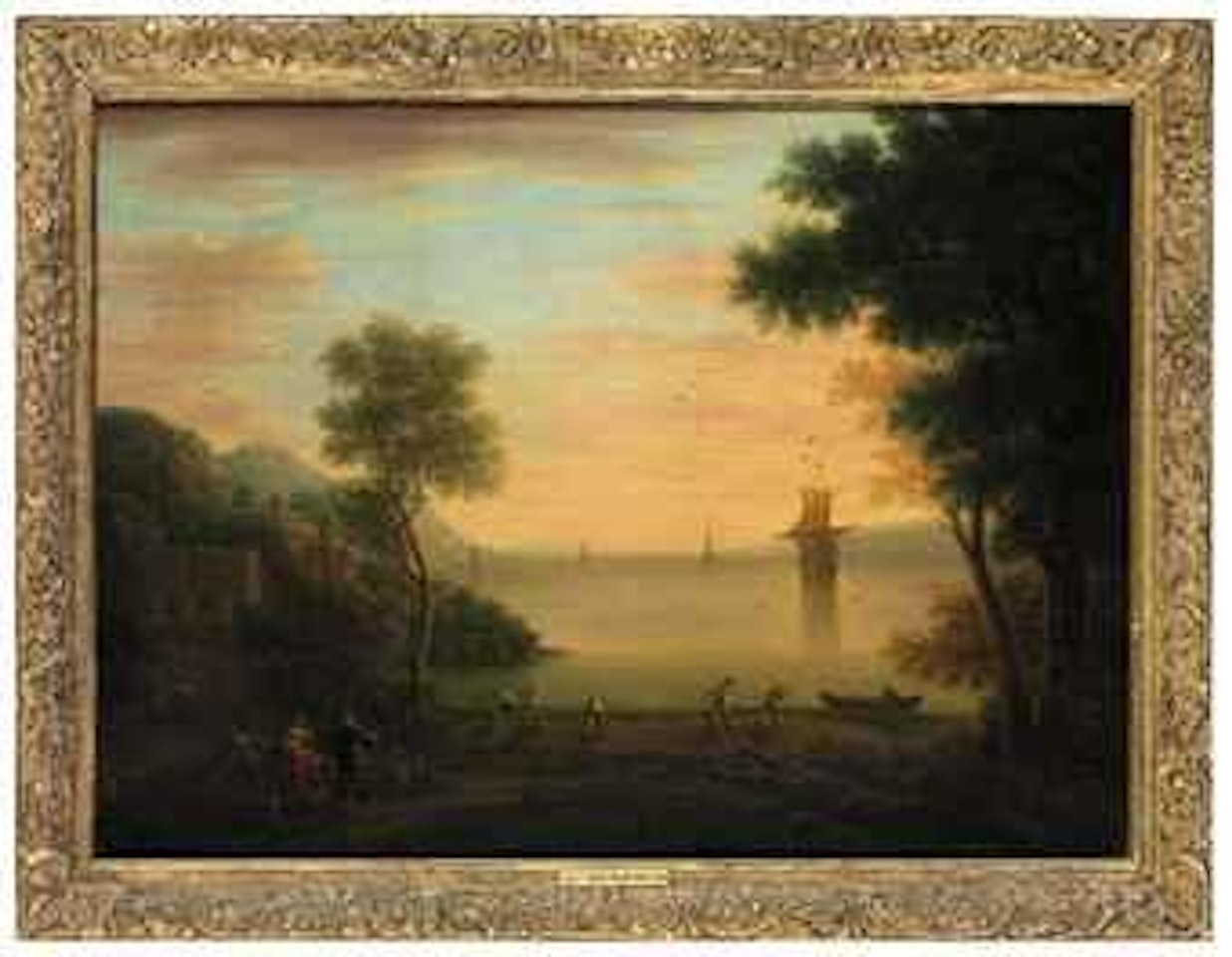 An Italianate landscape at sunset, with figures and fishermen in the foreground by John Wootton