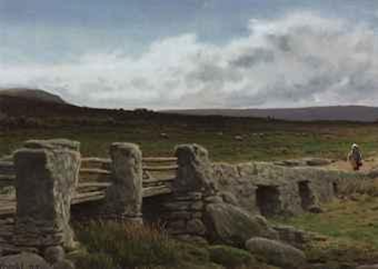 A figure approaching a bridge on a moor, Derbyshire by Harold Knight