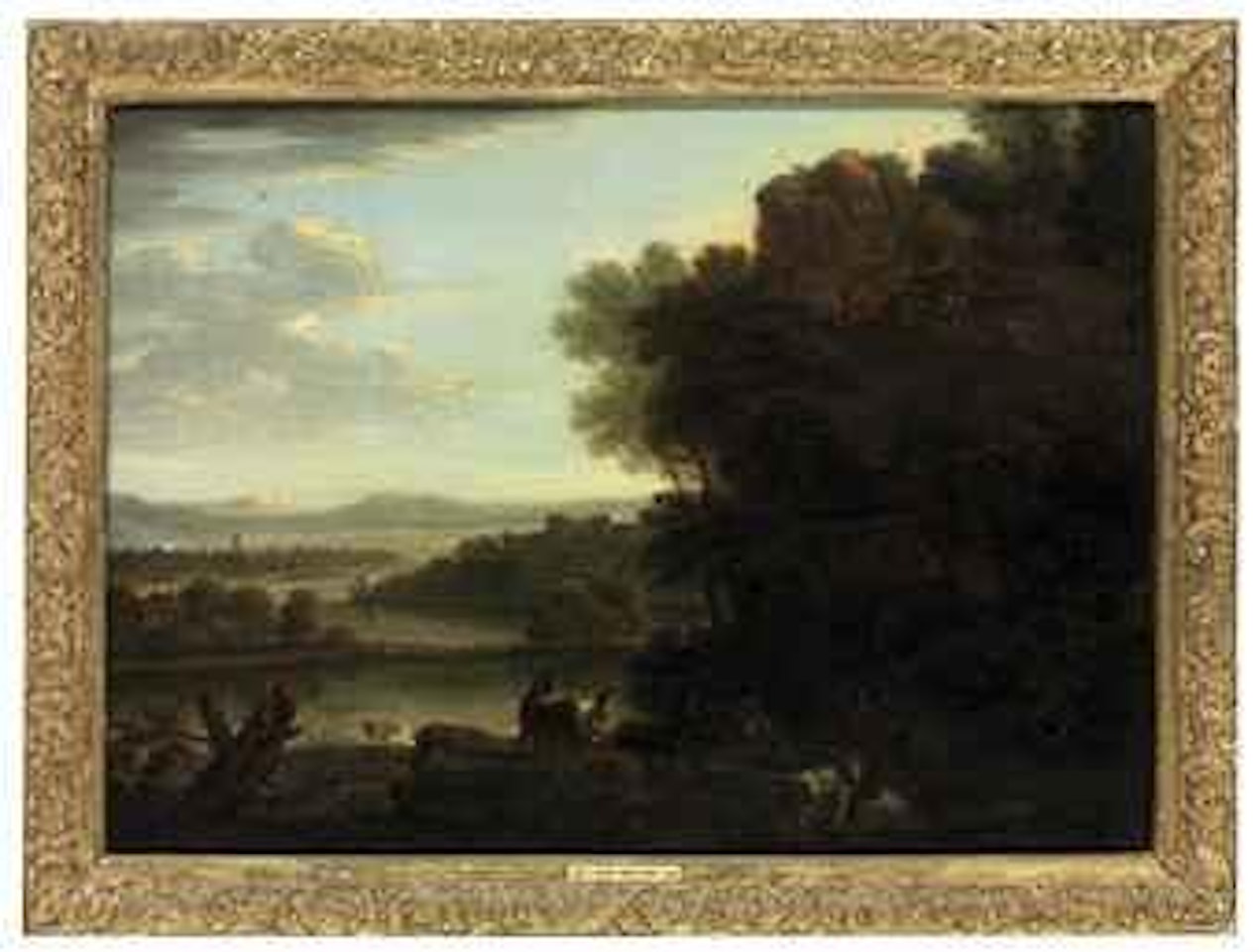 An extensive river landscape, with a goatherd and goats by John Wootton