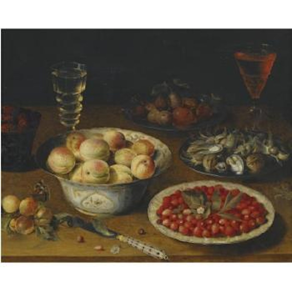 A Still Life With Peaches, Fraises De Bois, Mulberries And Plums, Together With A Plate Of Hazelnuts And Walnuts, A Knife And Two Wine Glasses On A Wooden Tabletop by Osias Beert