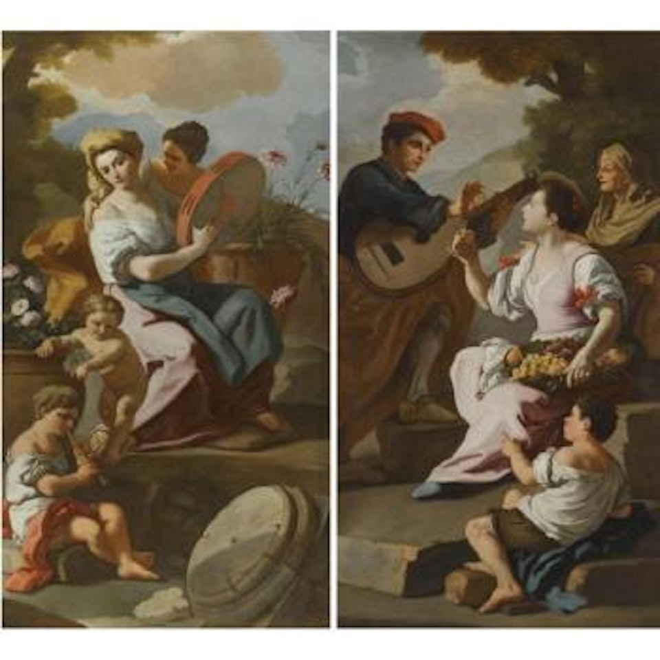 An Allegory Of Autumn: Figures In A Garden With A Young Man Playing The Mandola And A Woman Offering Him Fruit From A Basket; An Allegory Of Spring.. by Francesco de Mura