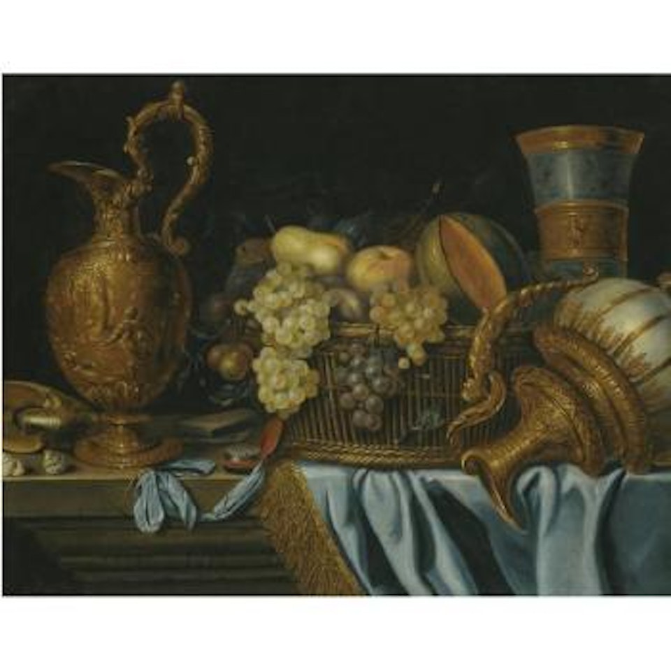 A Still Life  With Grapes, Apples, Pears And A Melon In A Basket, On A Partly Draped Table With Two Gilt Ewers, A Pocket Watch, A Pack Of Cards And A Conch by French School