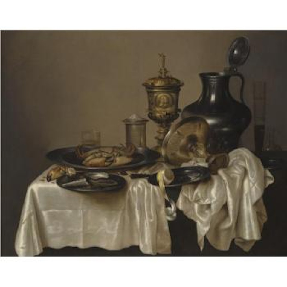 A Monochrome Still Life With A Silver-gilt Goblet, An Overturned Silver Tazza, A Pewter Flagon, Glasses And A Salt Cellar, With A Crab, Oysters, Nuts, A Knife And A Peeled Lemon On A Table Draped With A White Cloth by Willem Claesz Heda
