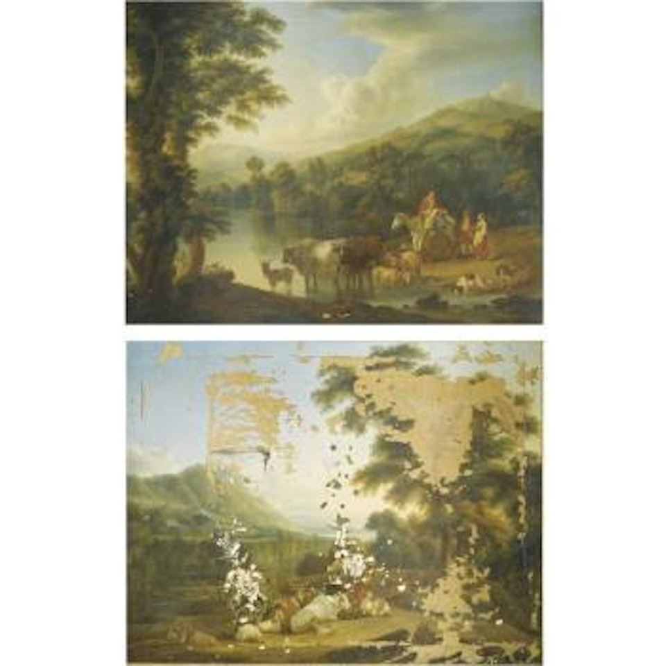 A Wooded River Landscape With A Woman On A Grey Horse With Animals Watering; A Wooded River Landscape With A Shepherd Resting Beneath A Tree By Cows And Goats by Jacob Philipp Hackert