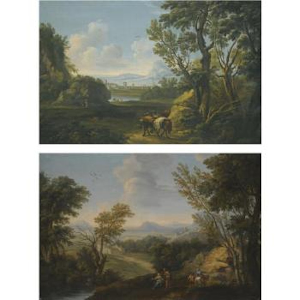 An Extensive Wooded Landscape In The Roman Campagna, With Figures Conversing In The Foreground, A Lake Beyond; A Wooded Landscape In The Roman Campagna, With Horses And Figures In The Foreground by Roman School
