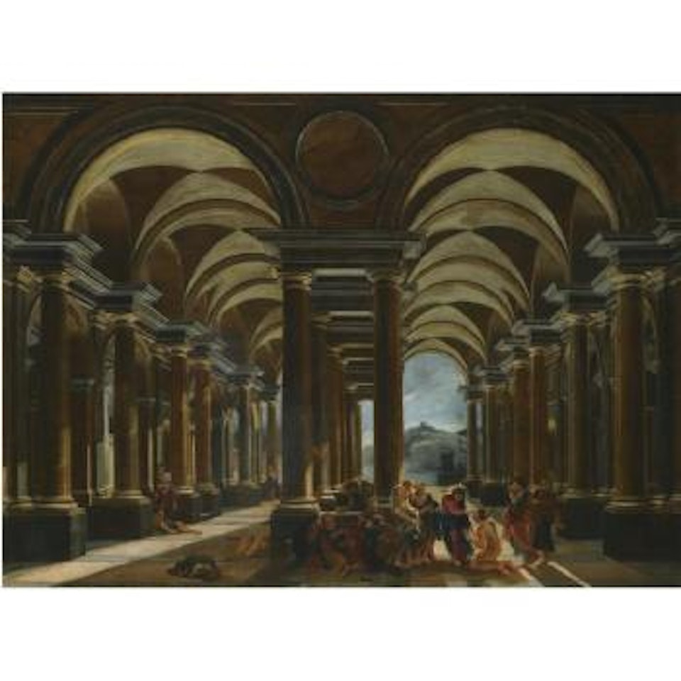 An Architectural Capriccio With Christ Curing A Leper by Viviano Codazzi
