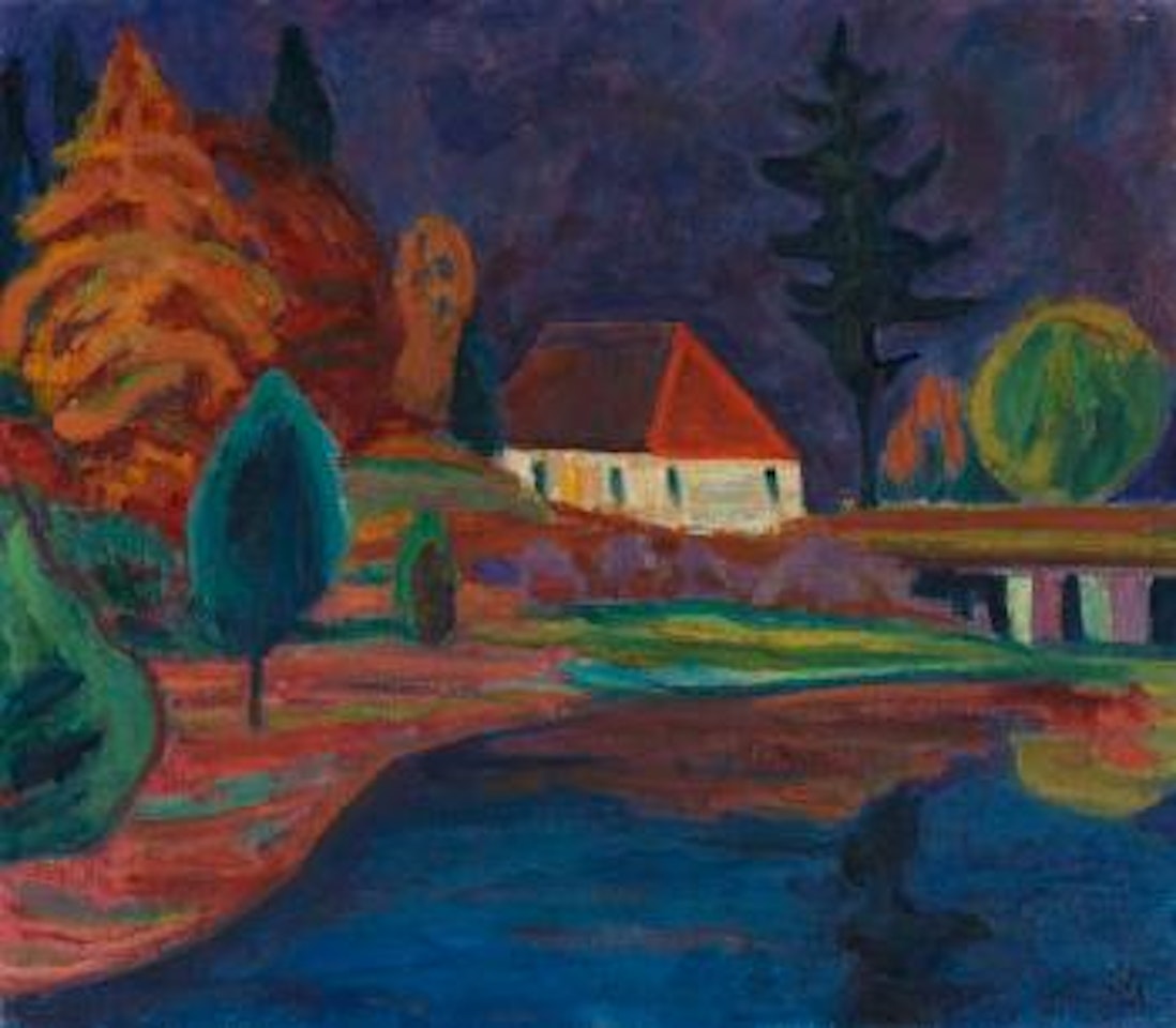 Landschaft mit Haus in Oberau by Gabriele Münter