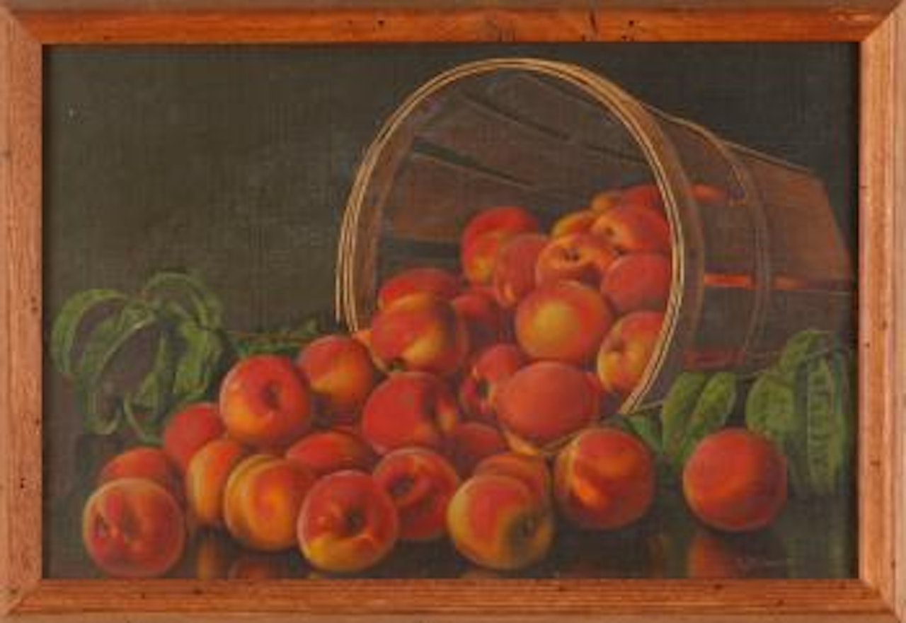 Still life with peaches in basket by Levi Wells Prentice