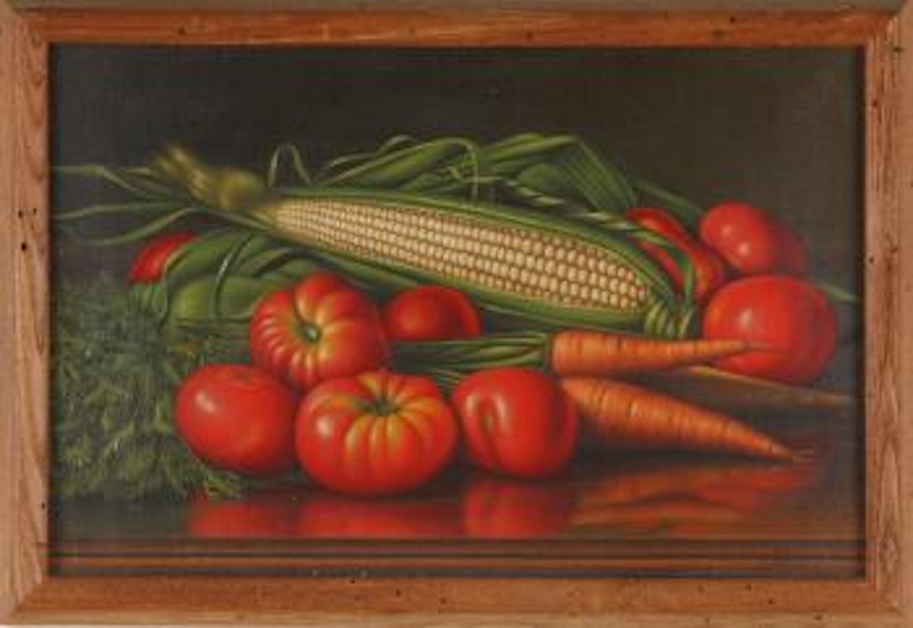 Still life with corn, carrots and tomatoes by Levi Wells Prentice