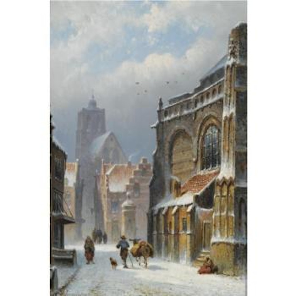 A Snow Covered Street In Zaltbommel, The Grote Kerk In The Background by Eduard Alexander Hilverdink