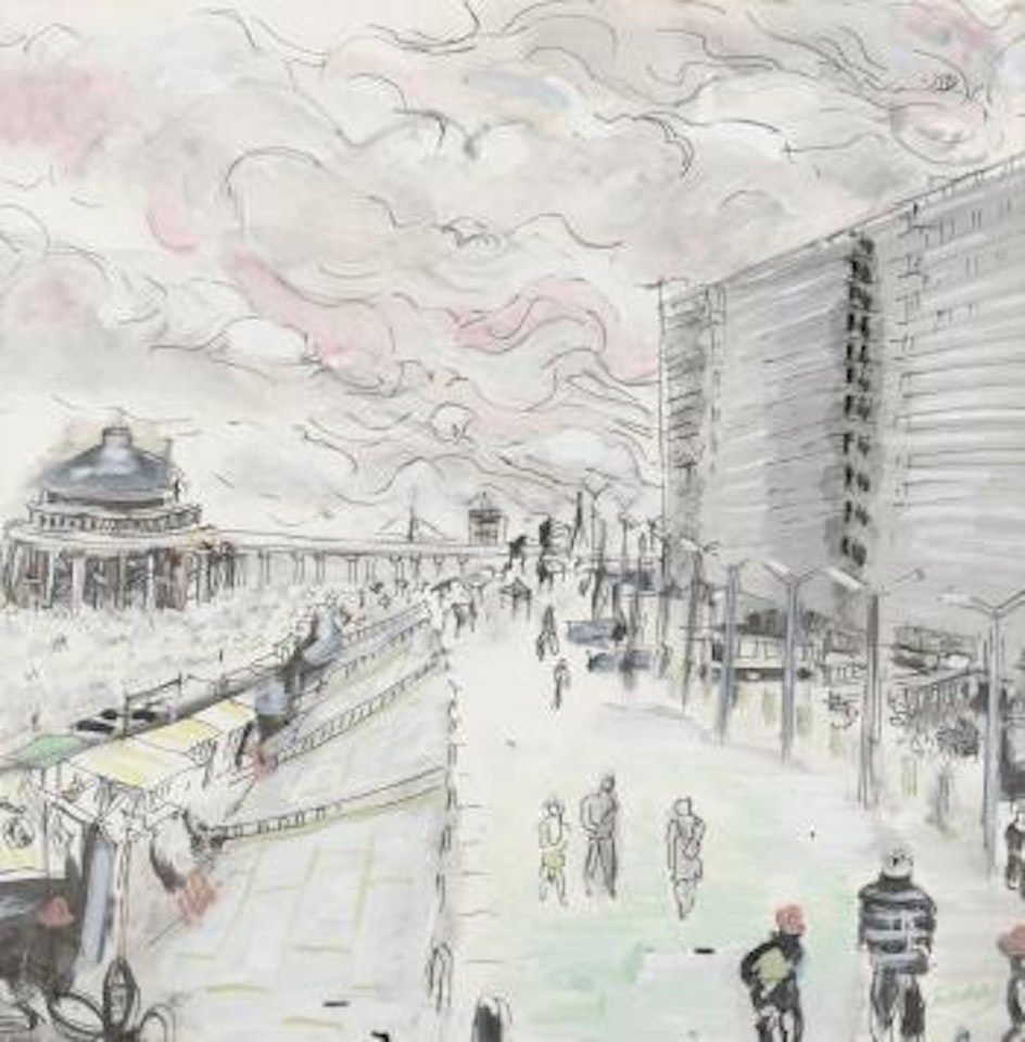 Coastal scene, with figures on a promenade by Carlos Nadal