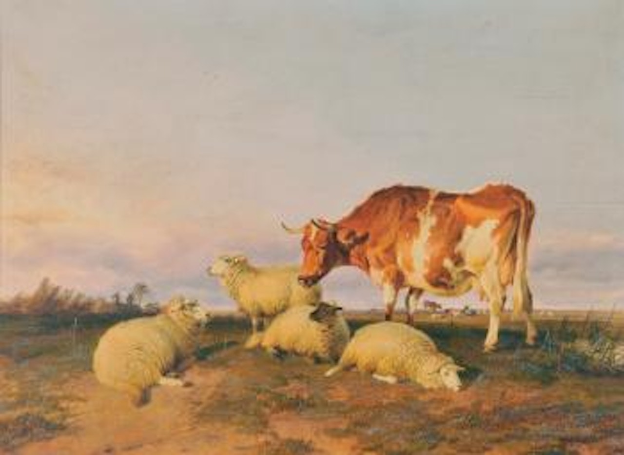 Cattle and sheep in a meadow by Thomas Sidney Cooper