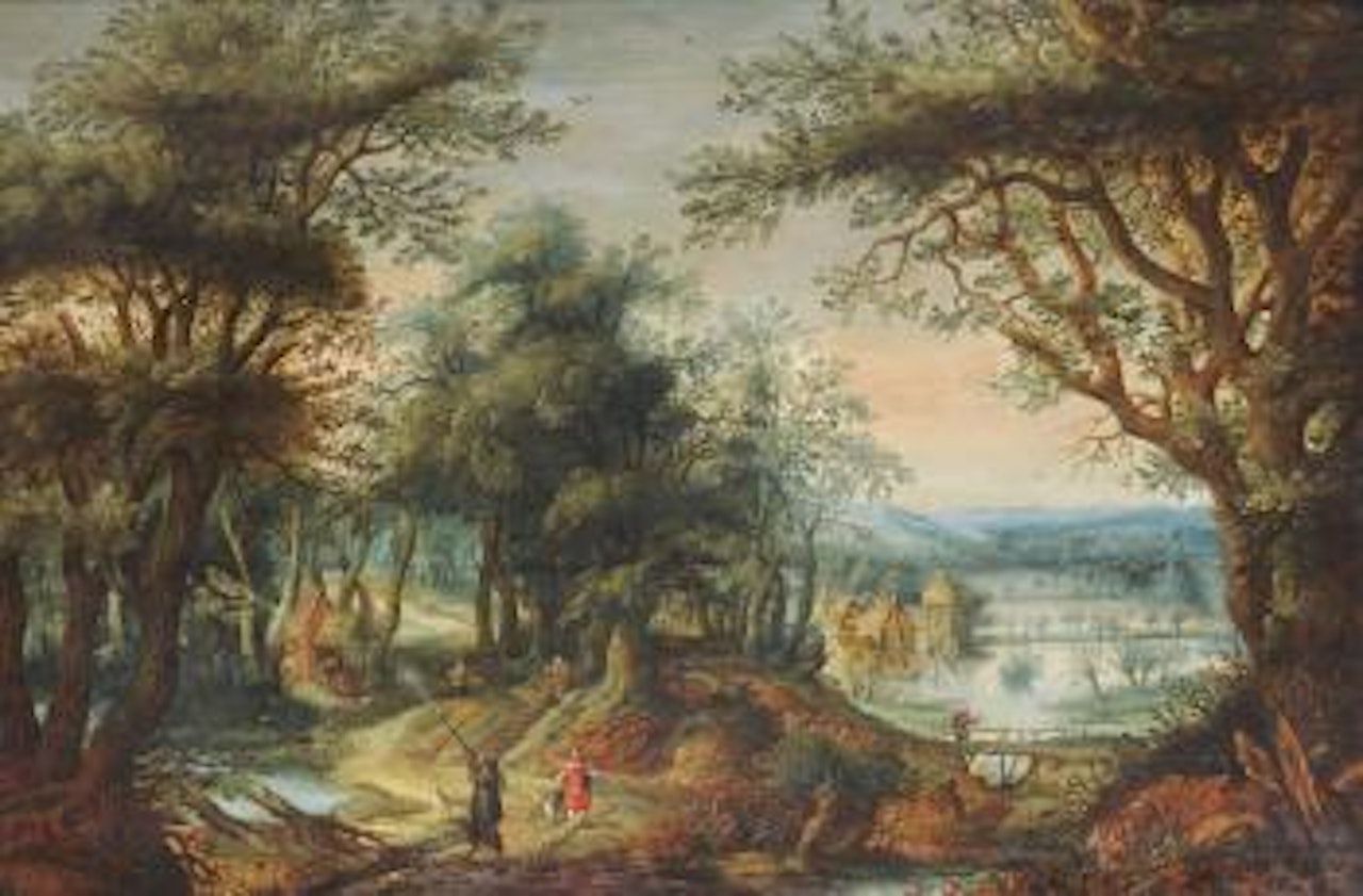 Sunlit wooded landscape with figures and dogs in the foreground, a pond in the distance by Abraham Govaerts