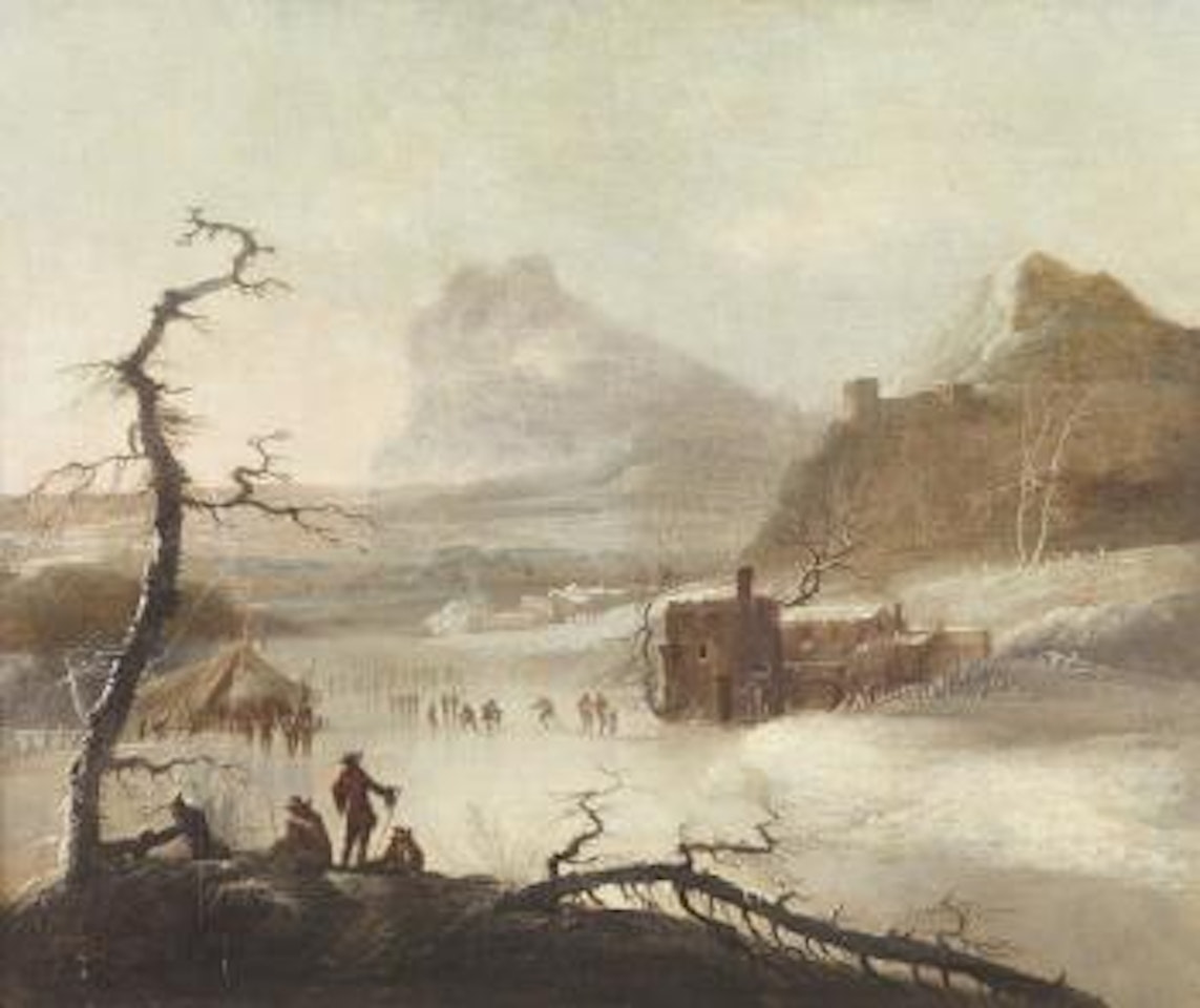 Patineurs sur une rivière gelée by German School