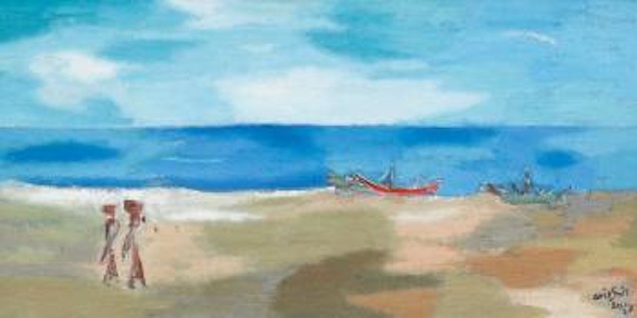 Strandszene auf Bali mit Frauen und Fischerbooten by Arie Smit