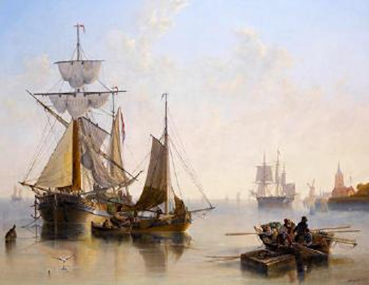 A tranquil day on the Scheldt, with traditional craft at work inshore and an outbound merchantman trying to catch a breeze beyond by John Wilson Carmichael