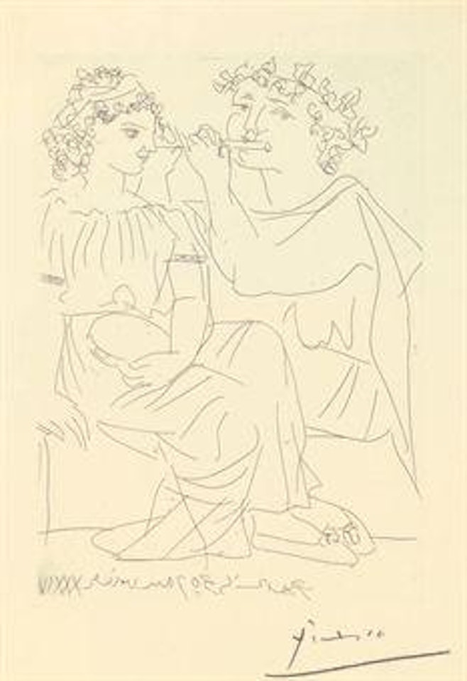 Flûtiste et jeune fille au tambourin, from La Suite Vollard (B. 213; Ba. 412) by Pablo Picasso