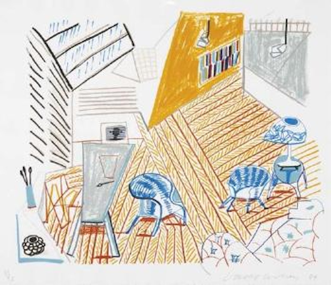 Moving Focus series: Pembroke Studio with Blue Chairs and Lamp by David Hockney