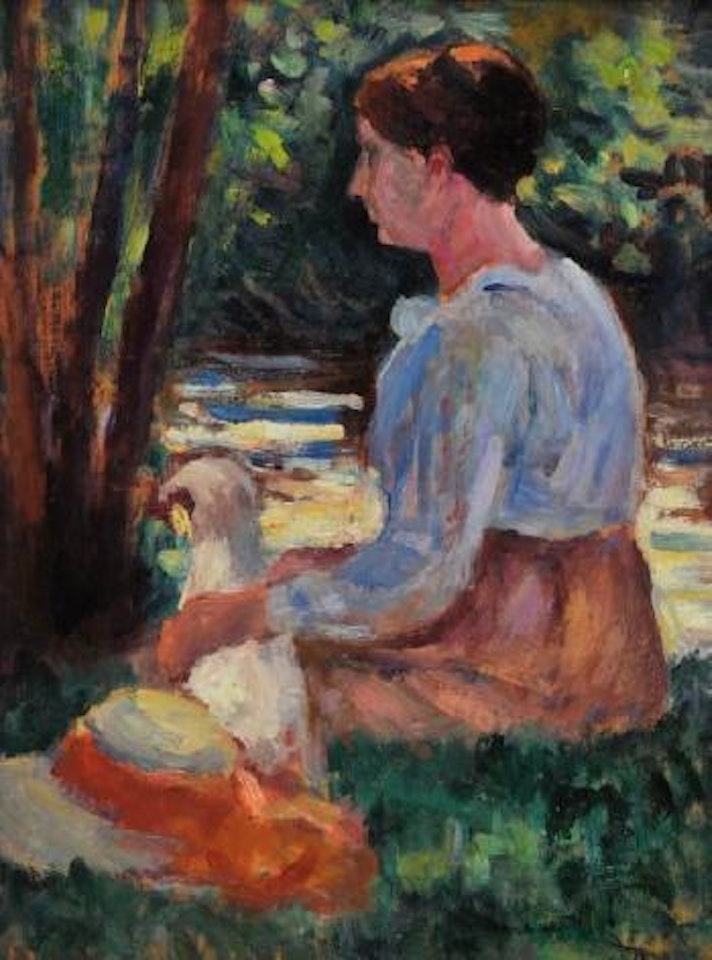 Jeune femme assise et son chien, bord de rivière by Maximilien Luce