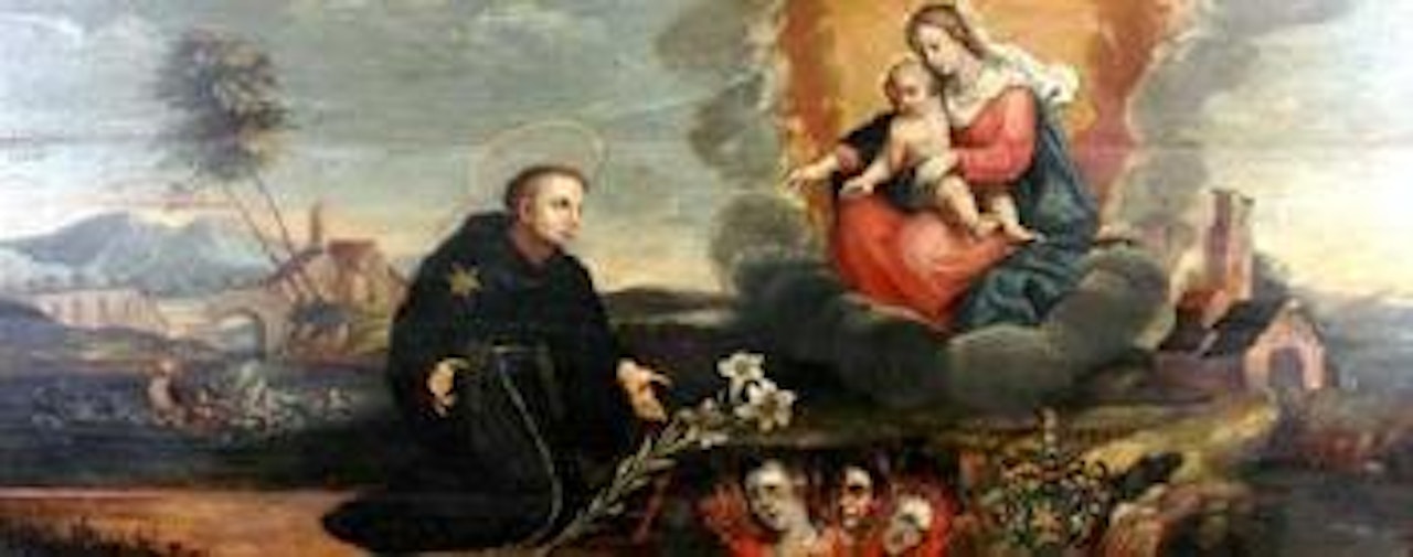 The Virgin Mary & Christ appearing to the kneeling Nikolaus von Tolentino. The Infant Christ presenting an engagement ring to Katarina by Mexican Colonial School by Spanish School